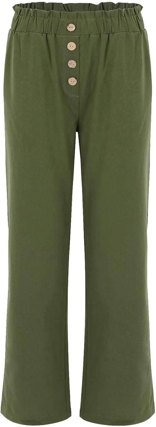 Women's Exposed Button High Waisted Solid Casual Pants Cotton Linen Lightweight Slim Fit Straight Leg Paperbag Trousers