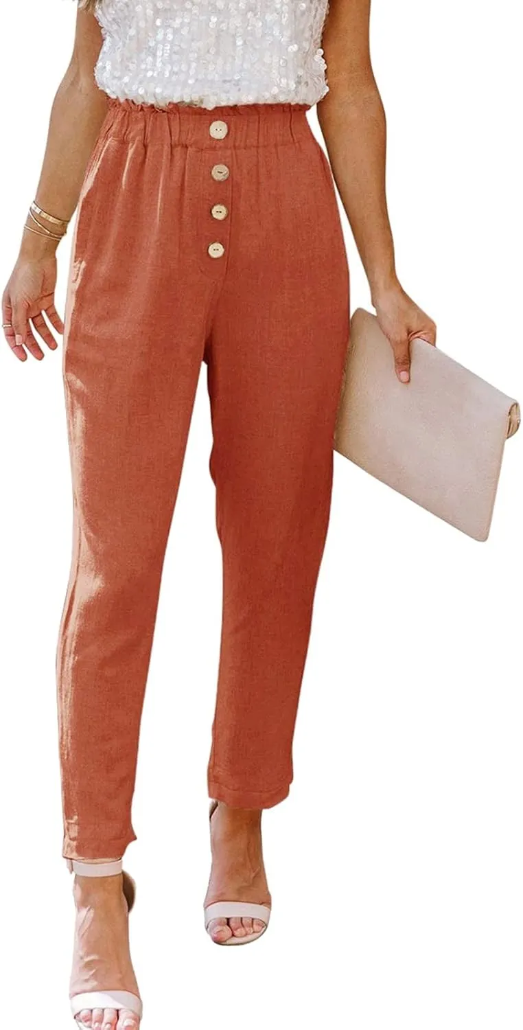 Women's Exposed Button High Waisted Solid Casual Pants Cotton Linen Lightweight Slim Fit Straight Leg Paperbag Trousers