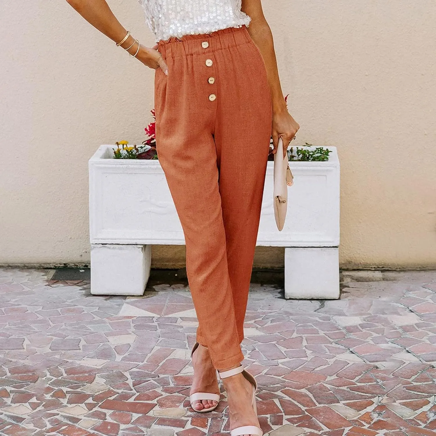 Women's Exposed Button High Waisted Solid Casual Pants Cotton Linen Lightweight Slim Fit Straight Leg Paperbag Trousers