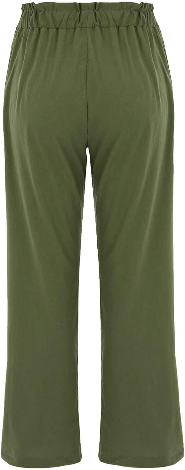 Women's Exposed Button High Waisted Solid Casual Pants Cotton Linen Lightweight Slim Fit Straight Leg Paperbag Trousers