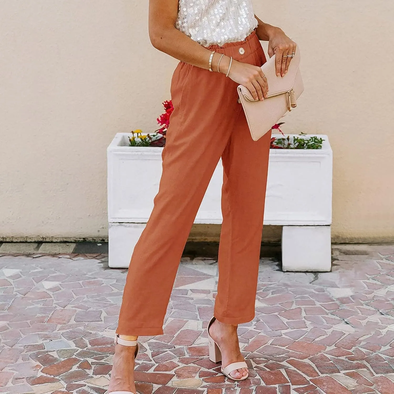 Women's Exposed Button High Waisted Solid Casual Pants Cotton Linen Lightweight Slim Fit Straight Leg Paperbag Trousers