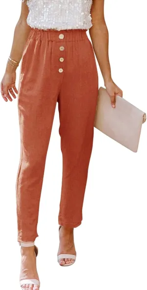 Women's Exposed Button High Waisted Solid Casual Pants Cotton Linen Lightweight Slim Fit Straight Leg Paperbag Trousers