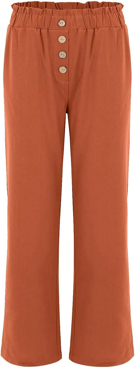Women's Exposed Button High Waisted Solid Casual Pants Cotton Linen Lightweight Slim Fit Straight Leg Paperbag Trousers