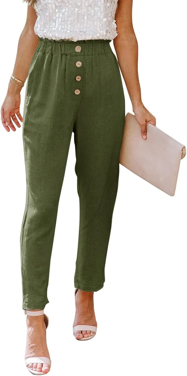 Women's Exposed Button High Waisted Solid Casual Pants Cotton Linen Lightweight Slim Fit Straight Leg Paperbag Trousers