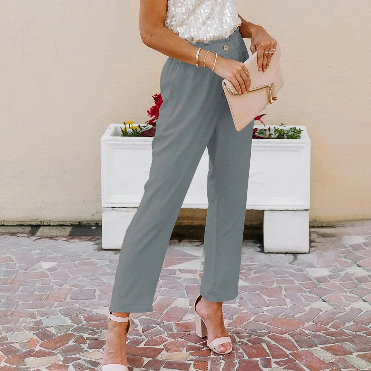 Women's Exposed Button High Waisted Solid Casual Pants Cotton Linen Lightweight Slim Fit Straight Leg Paperbag Trousers
