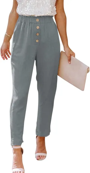 Women's Exposed Button High Waisted Solid Casual Pants Cotton Linen Lightweight Slim Fit Straight Leg Paperbag Trousers