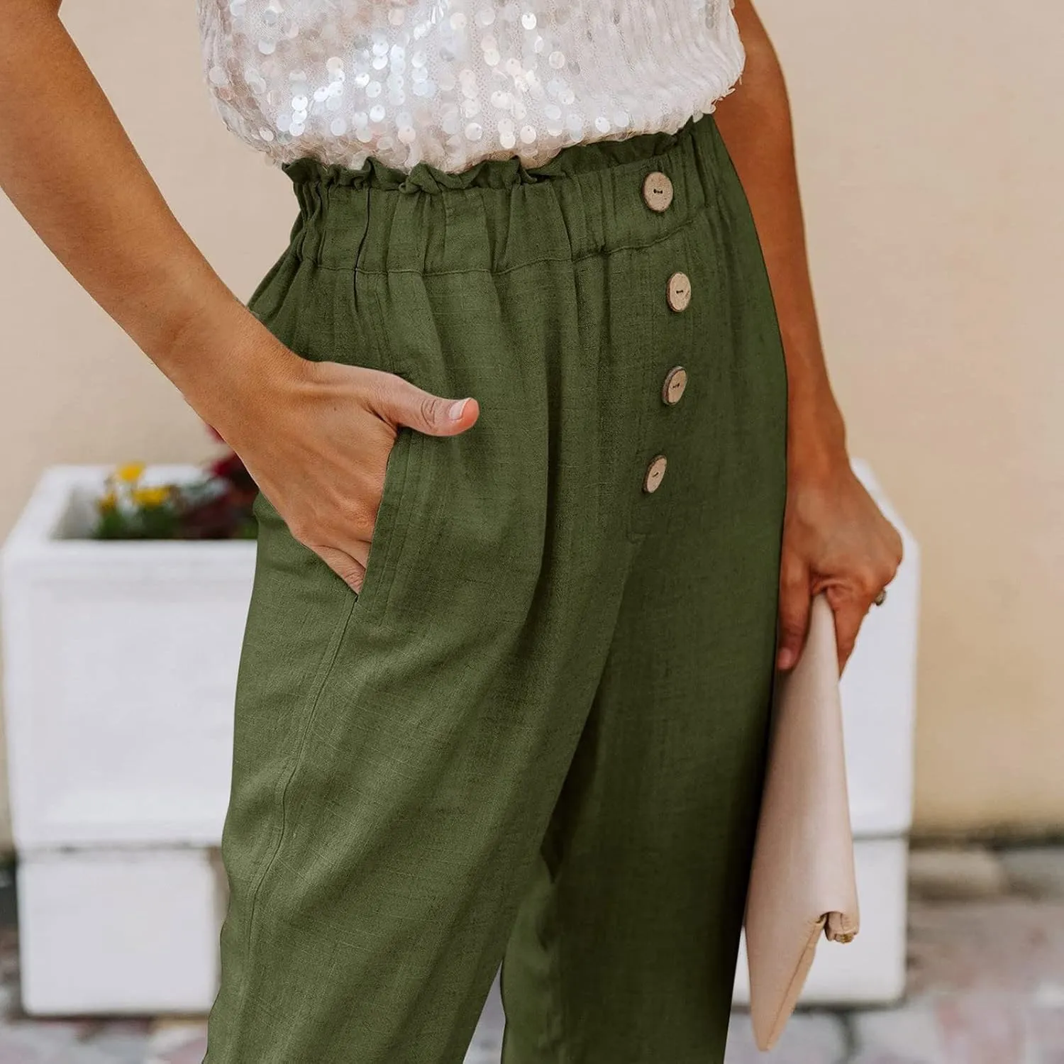 Women's Exposed Button High Waisted Solid Casual Pants Cotton Linen Lightweight Slim Fit Straight Leg Paperbag Trousers