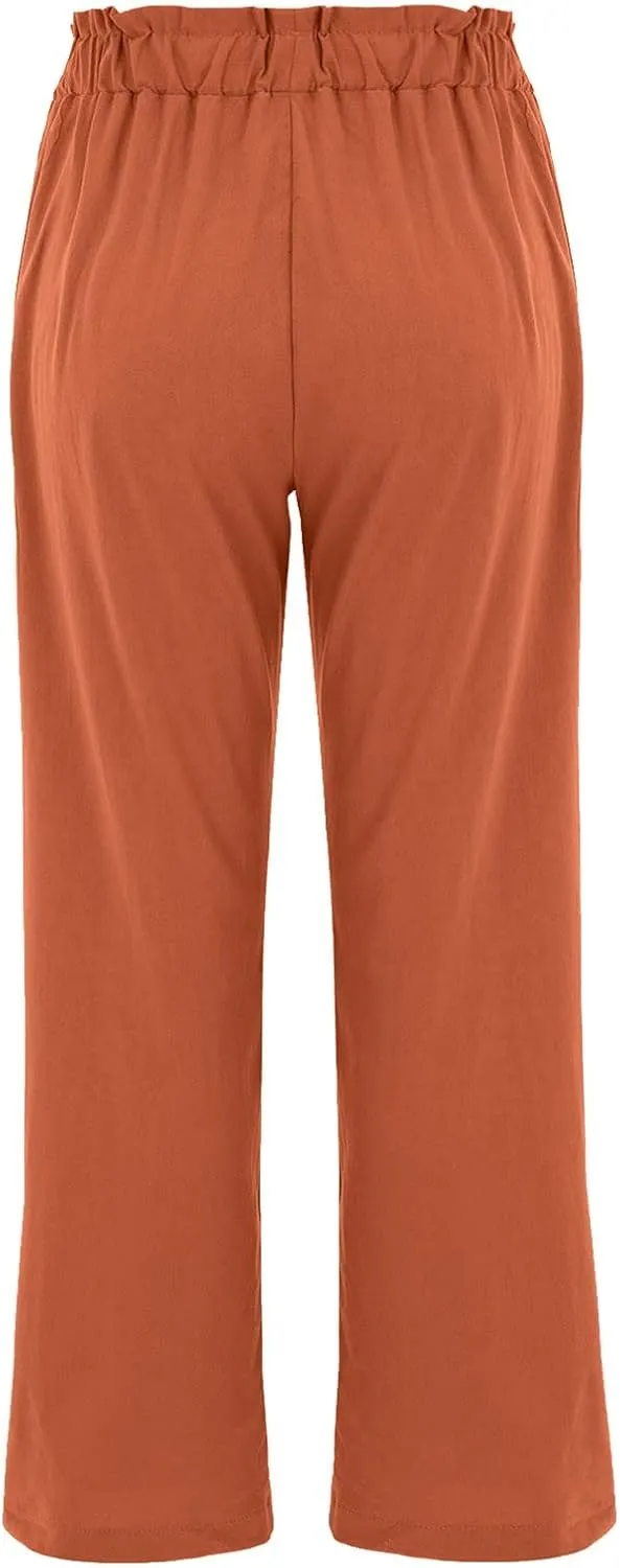 Women's Exposed Button High Waisted Solid Casual Pants Cotton Linen Lightweight Slim Fit Straight Leg Paperbag Trousers