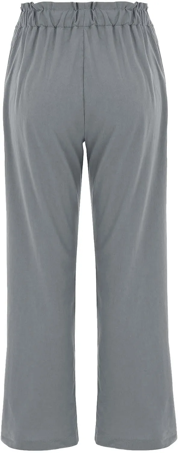 Women's Exposed Button High Waisted Solid Casual Pants Cotton Linen Lightweight Slim Fit Straight Leg Paperbag Trousers