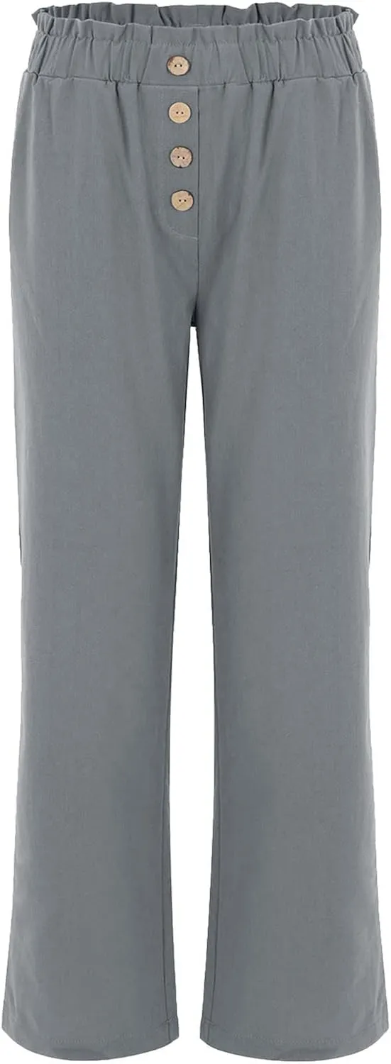 Women's Exposed Button High Waisted Solid Casual Pants Cotton Linen Lightweight Slim Fit Straight Leg Paperbag Trousers