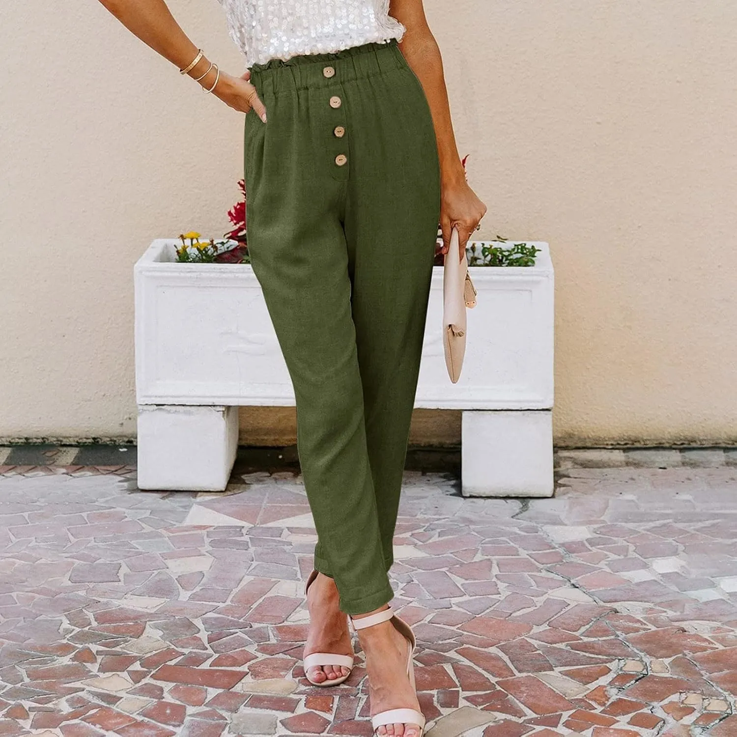 Women's Exposed Button High Waisted Solid Casual Pants Cotton Linen Lightweight Slim Fit Straight Leg Paperbag Trousers