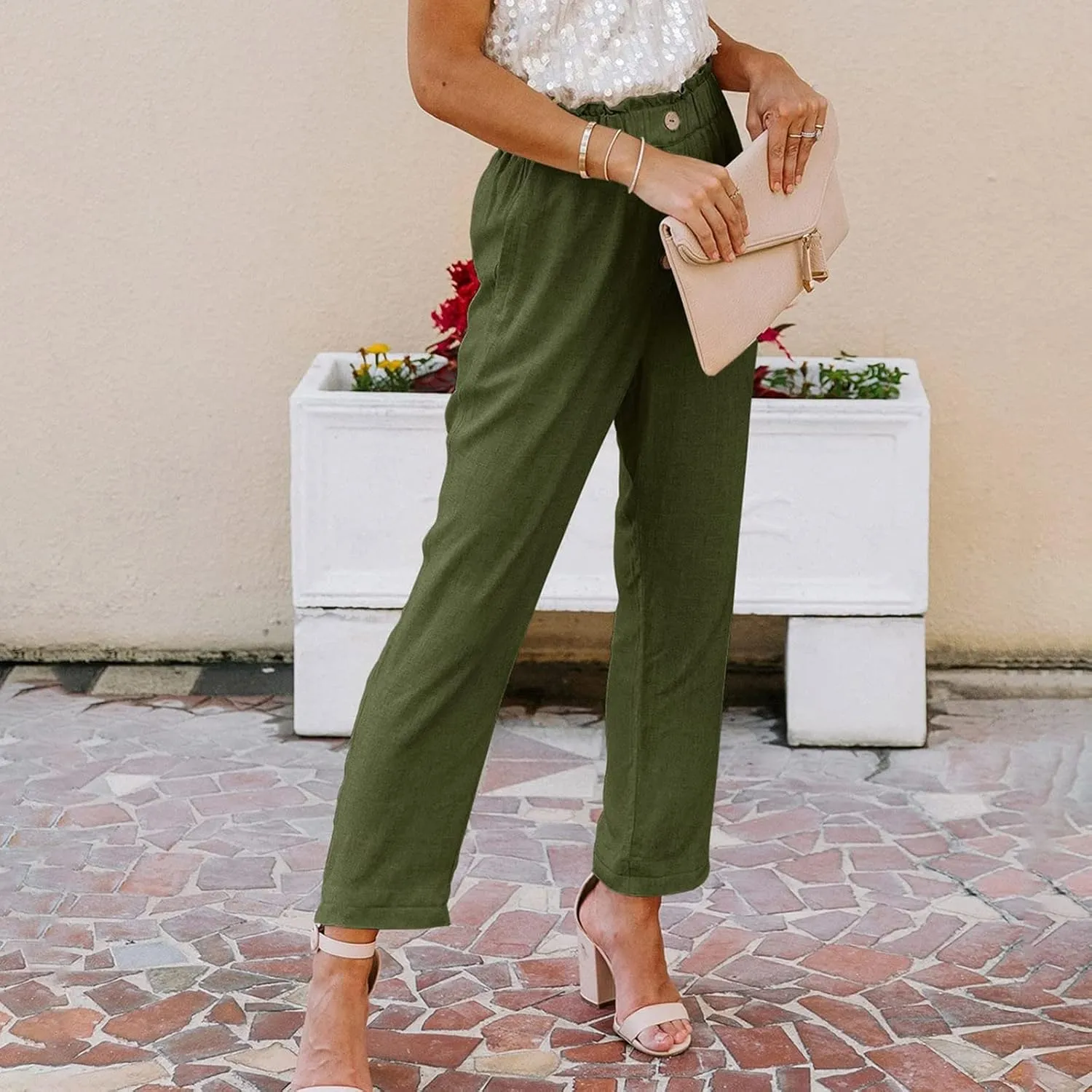 Women's Exposed Button High Waisted Solid Casual Pants Cotton Linen Lightweight Slim Fit Straight Leg Paperbag Trousers