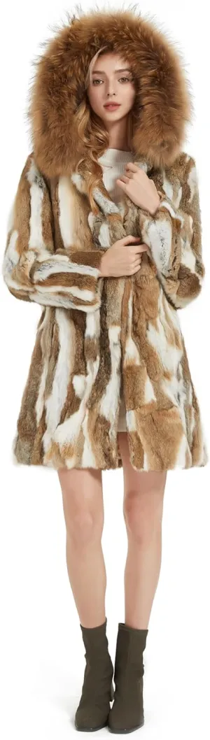 Women's Genuine Rabbit Fur Coat with Raccoon Fur Trim Hood Winter Jacket