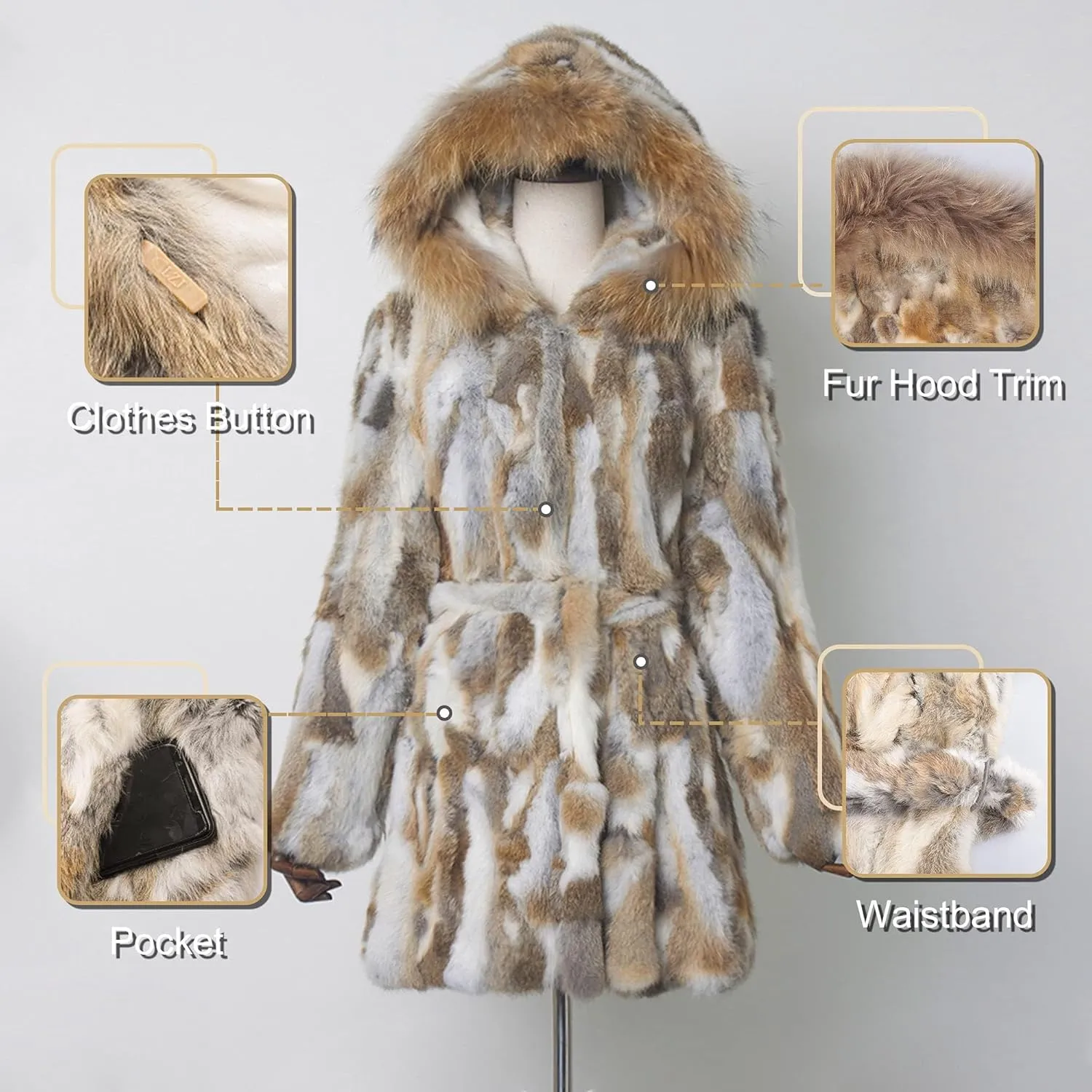 Women's Genuine Rabbit Fur Coat with Raccoon Fur Trim Hood Winter Jacket