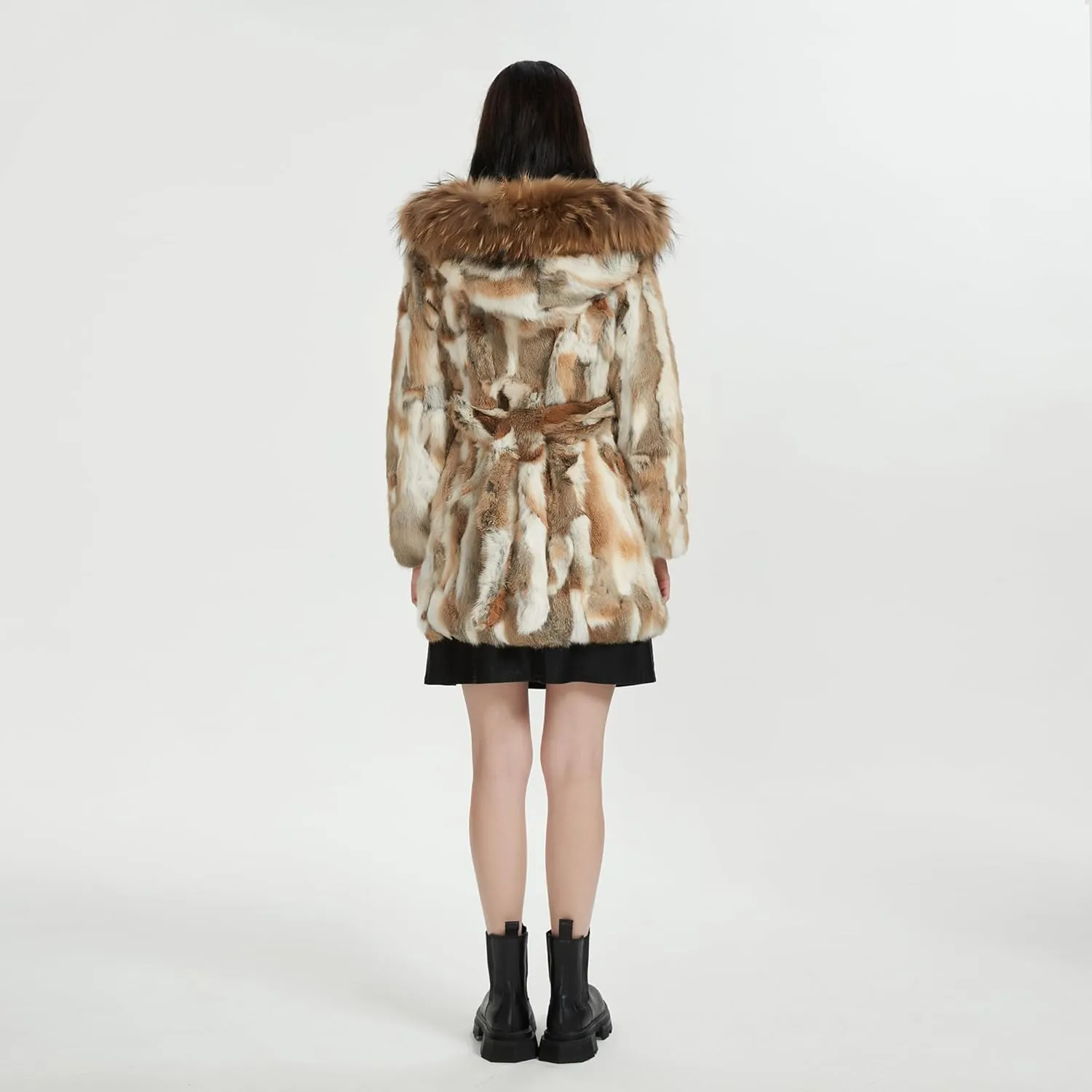 Women's Genuine Rabbit Fur Coat with Raccoon Fur Trim Hood Winter Jacket