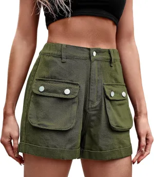 Womens Hiking Cargo Shorts Elastic High Waist Summer Shorts Stretchy Casual Pull On Workout Gym Short Pants w/Pockets