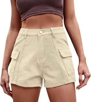 Womens Hiking Cargo Shorts Elastic High Waist Summer Shorts Stretchy Casual Pull On Workout Gym Short Pants w/Pockets