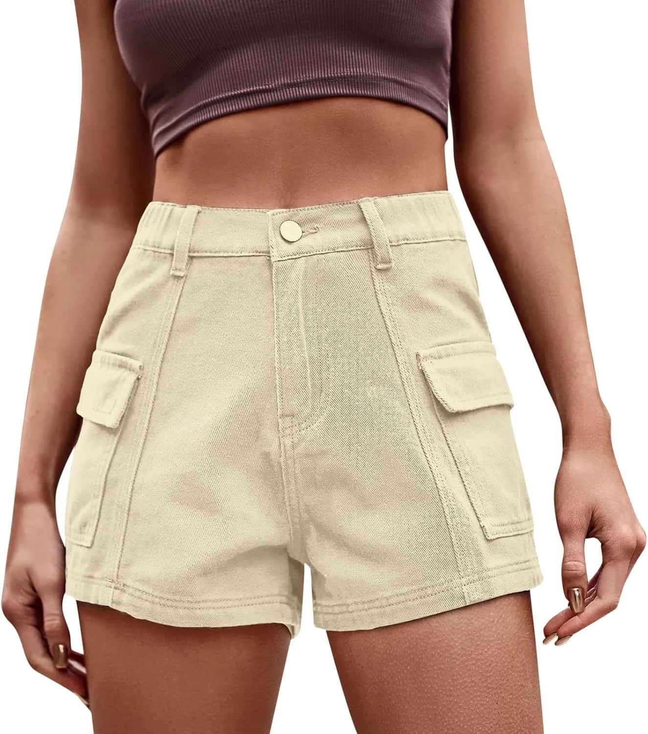 Womens Hiking Cargo Shorts Elastic High Waist Summer Shorts Stretchy Casual Pull On Workout Gym Short Pants w/Pockets