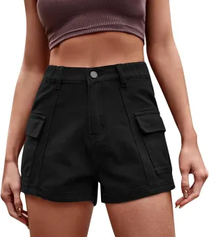 Womens Hiking Cargo Shorts Elastic High Waist Summer Shorts Stretchy Casual Pull On Workout Gym Short Pants w/Pockets