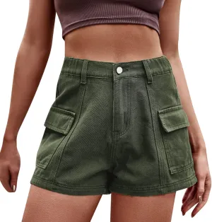Womens Hiking Cargo Shorts Elastic High Waist Summer Shorts Stretchy Casual Pull On Workout Gym Short Pants w/Pockets