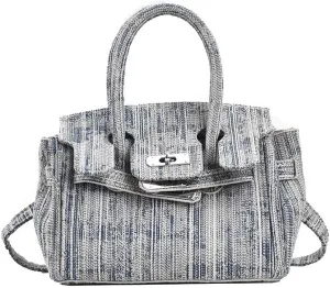 Women's quality denim grey blue simple platinum diagonal handbag