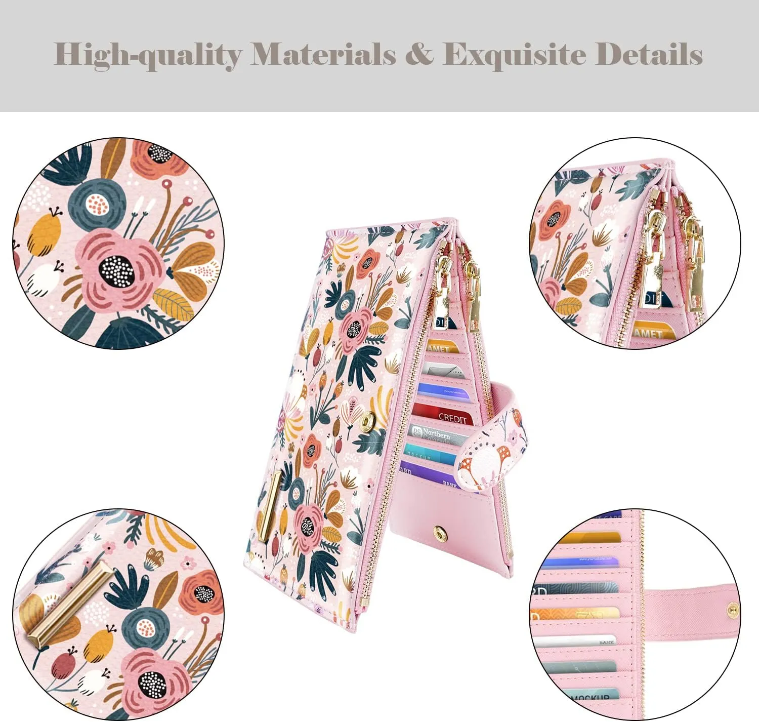 Womens RFID Blocking Large Capacity Wallet Multi Card Organizer Bifold Wallet for Women with Zipper Pocket