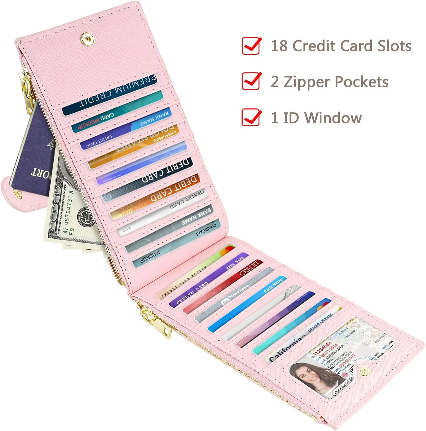 Womens RFID Blocking Large Capacity Wallet Multi Card Organizer Bifold Wallet for Women with Zipper Pocket
