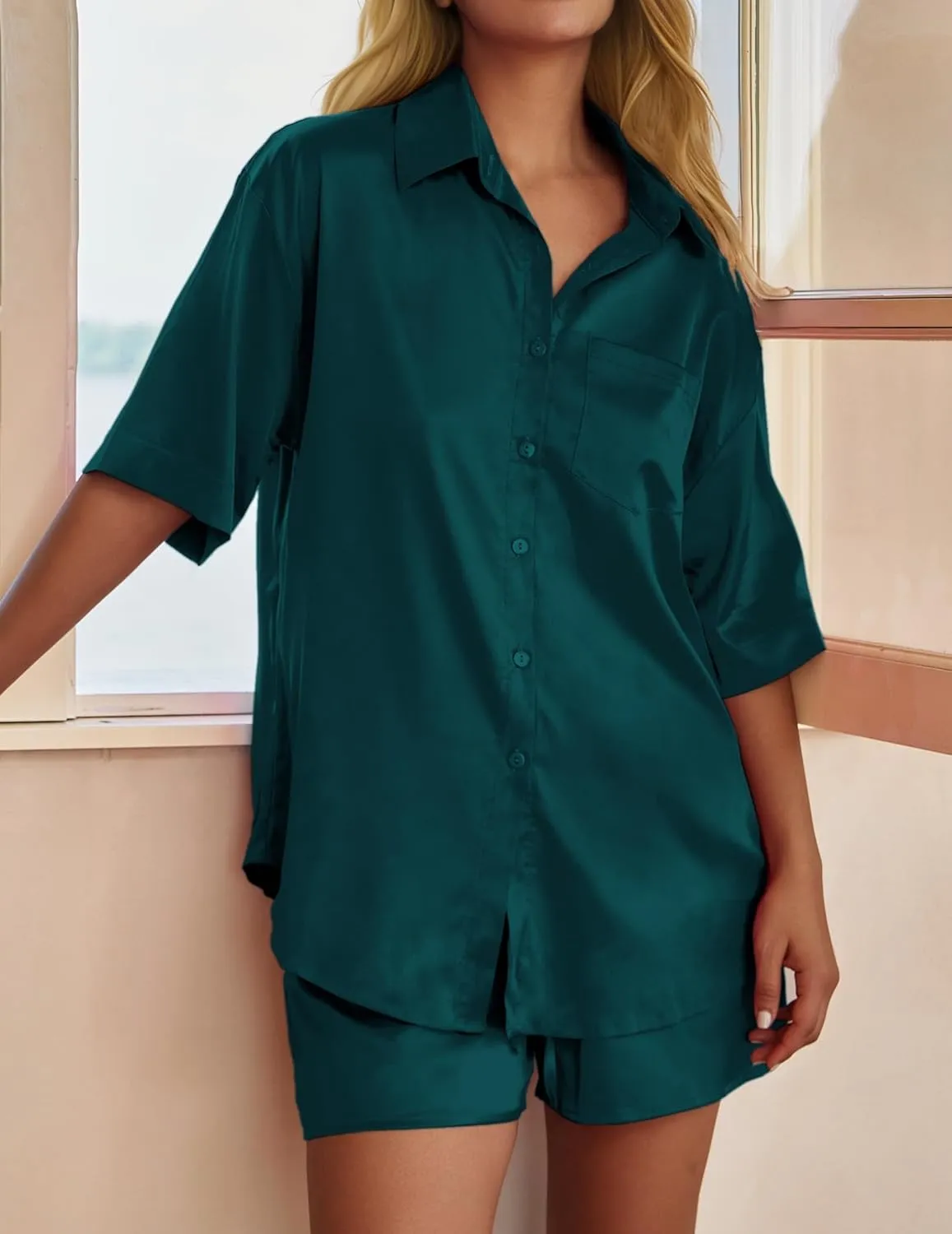 Women's Silk Pajama Set 2 Piece Loungewear Short Sleeve Button Down Pjs Satin Top And Shorts Sleepwear