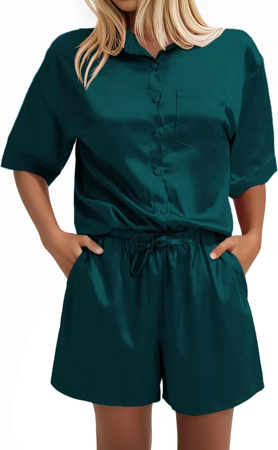Women's Silk Pajama Set 2 Piece Loungewear Short Sleeve Button Down Pjs Satin Top And Shorts Sleepwear