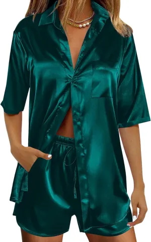 Women's Silk Pajama Set 2 Piece Loungewear Short Sleeve Button Down Pjs Satin Top And Shorts Sleepwear
