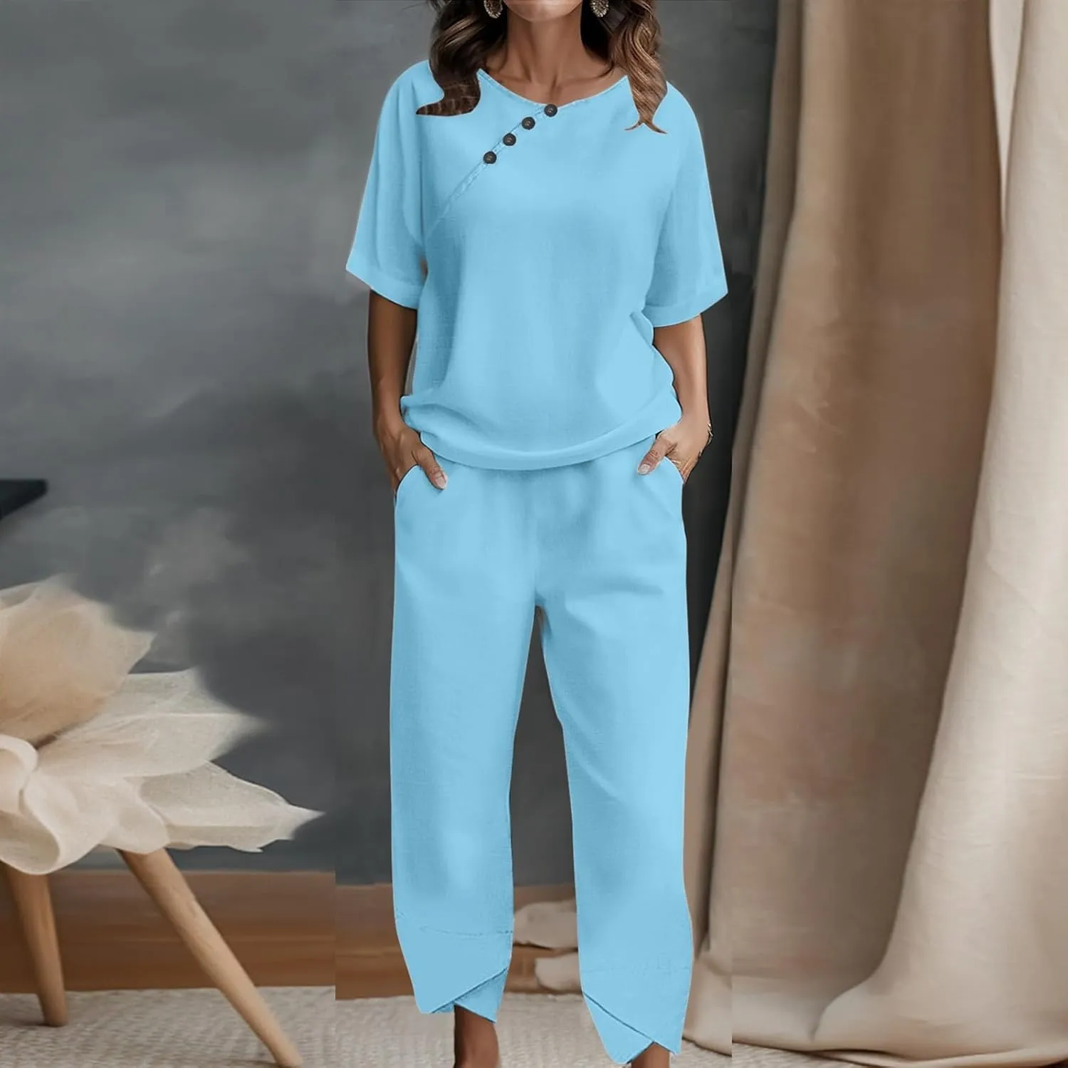 Women's Summer 2 Piece Outfits Casual Tracksuit Short Sleeve Tops and Wide Leg Long Pants Matching Lounge Wear