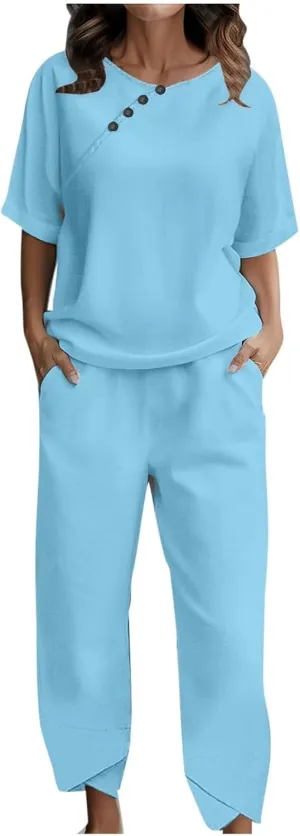 Women's Summer 2 Piece Outfits Casual Tracksuit Short Sleeve Tops and Wide Leg Long Pants Matching Lounge Wear