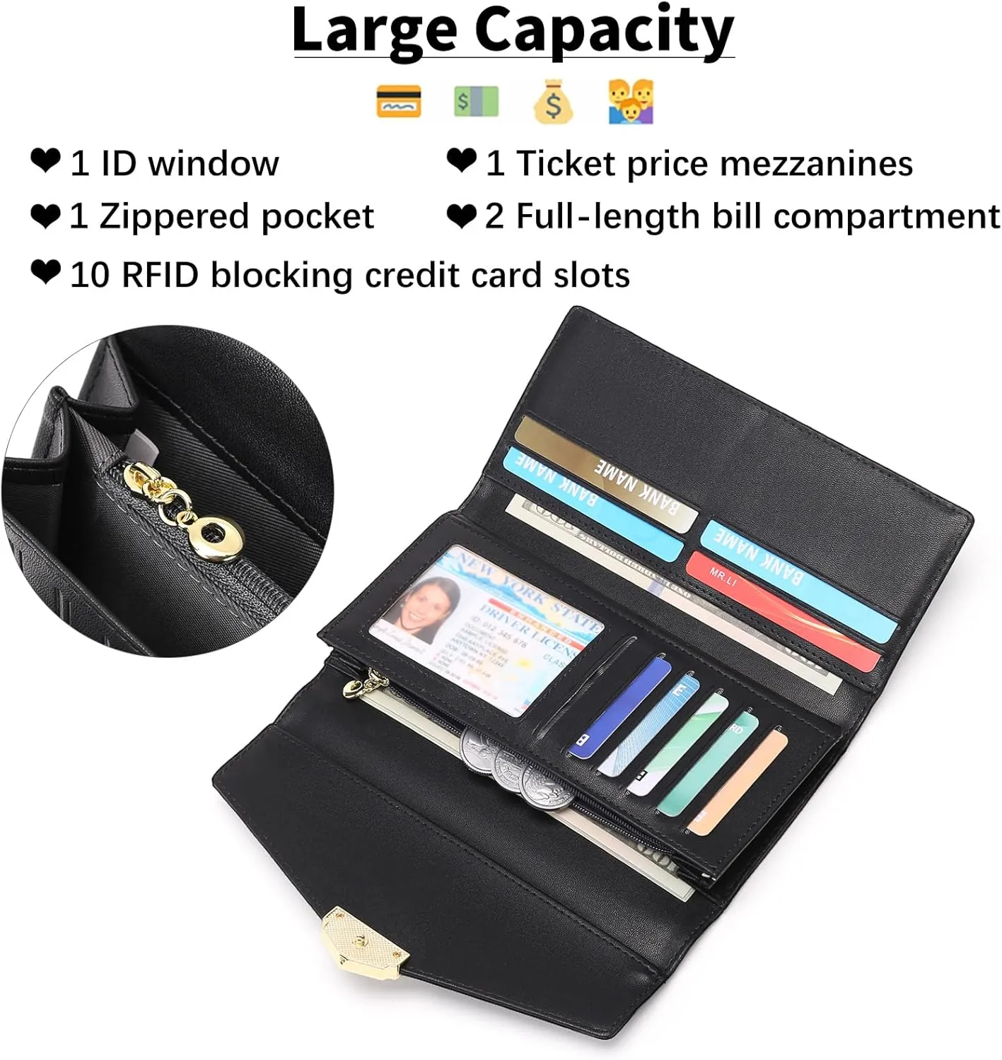 Women's Wallet Leather RFID Blocking Large Capacity Trifold Card Holder Wallets Ladies Long Purse with ID Window