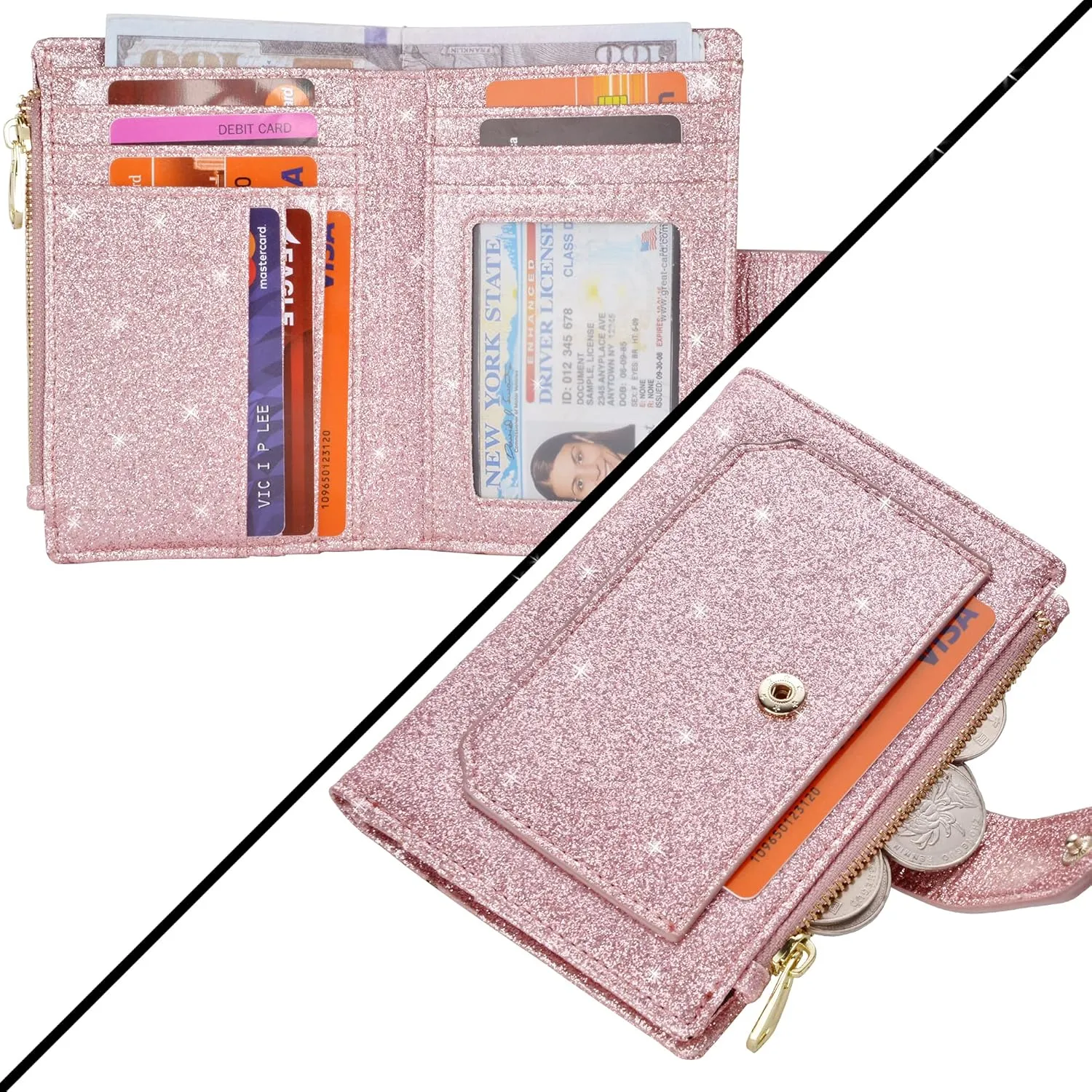 Womens Wallets RFID Small Compact Bifold Leather Card Holder Zip Pocket