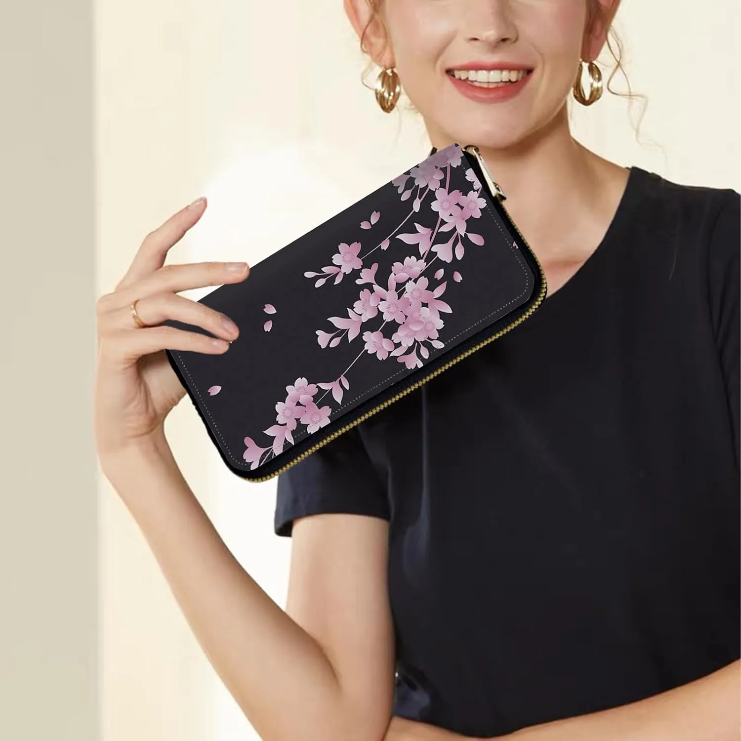 Women's Wallets,Credit Card Holder Money Leather Long Wallet with Wristlet,Large Capacity with Zip-Around Phone Purse for Women Ladies Girls,Cherry Blossoms
