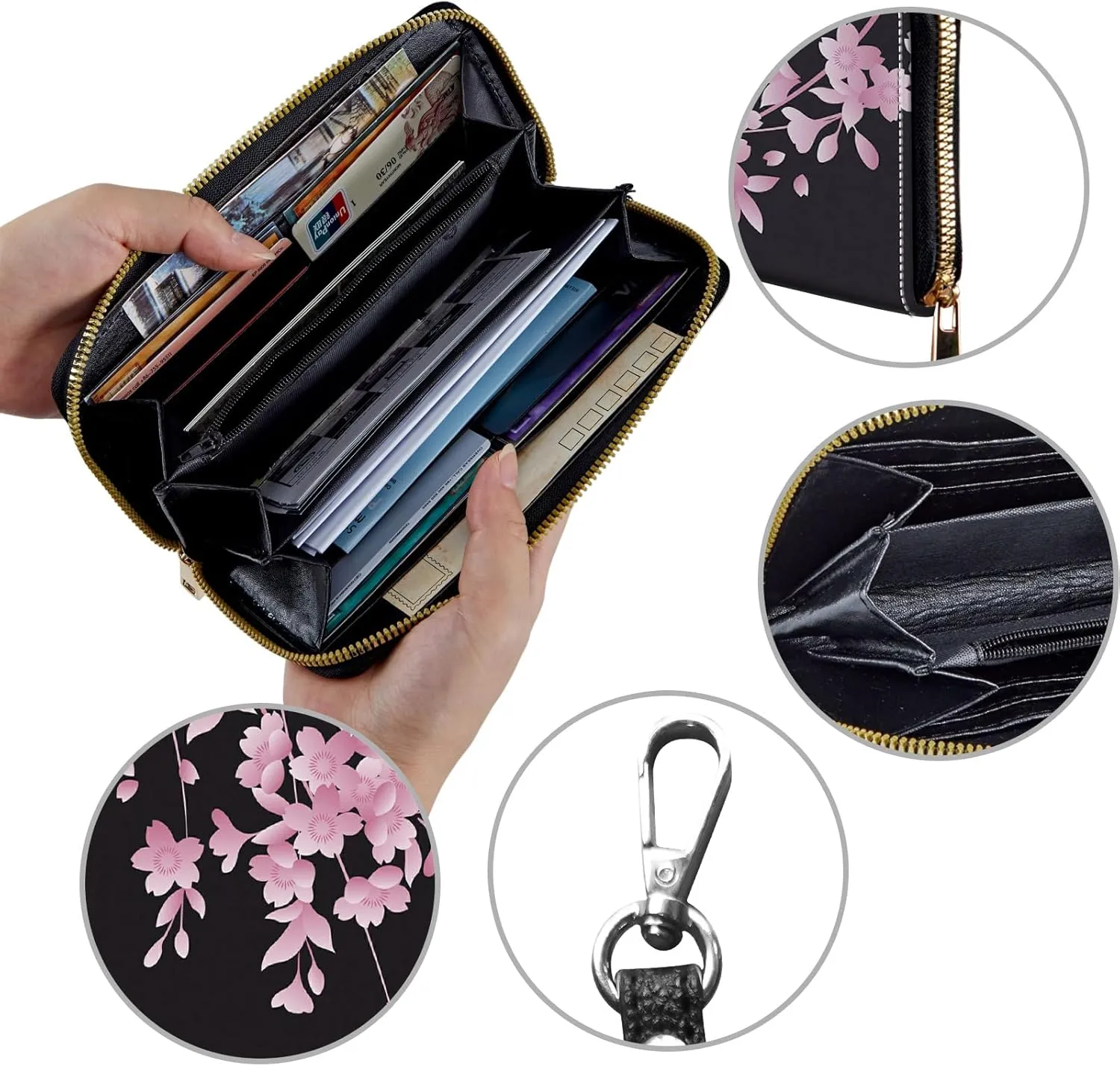 Women's Wallets,Credit Card Holder Money Leather Long Wallet with Wristlet,Large Capacity with Zip-Around Phone Purse for Women Ladies Girls,Cherry Blossoms