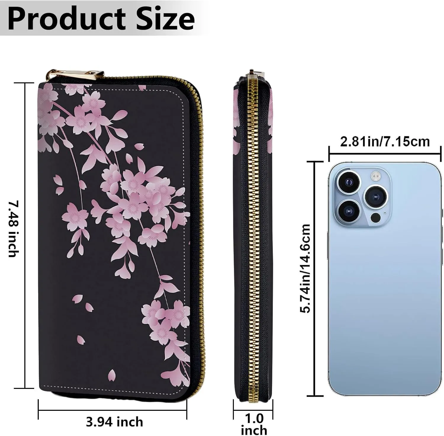 Women's Wallets,Credit Card Holder Money Leather Long Wallet with Wristlet,Large Capacity with Zip-Around Phone Purse for Women Ladies Girls,Cherry Blossoms
