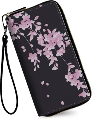 Women's Wallets,Credit Card Holder Money Leather Long Wallet with Wristlet,Large Capacity with Zip-Around Phone Purse for Women Ladies Girls,Cherry Blossoms