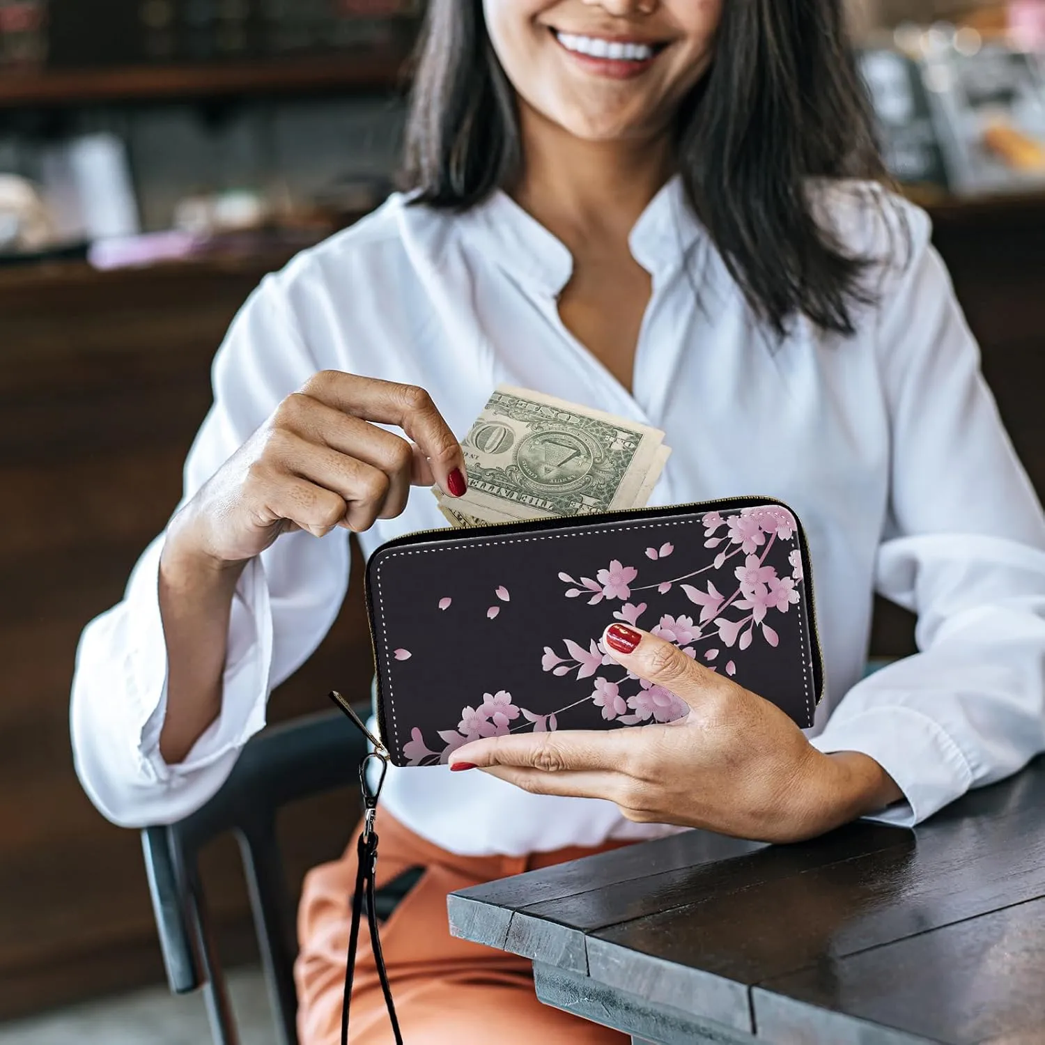 Women's Wallets,Credit Card Holder Money Leather Long Wallet with Wristlet,Large Capacity with Zip-Around Phone Purse for Women Ladies Girls,Cherry Blossoms