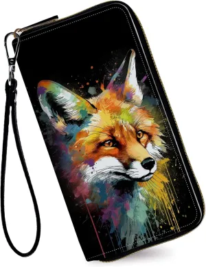 Women's Wallets,Credit Card Holder Money Leather Long Wallet with Wristlet,Large Capacity with Zip-Around Phone Purse for Women Ladies Girls,Colorful Fox