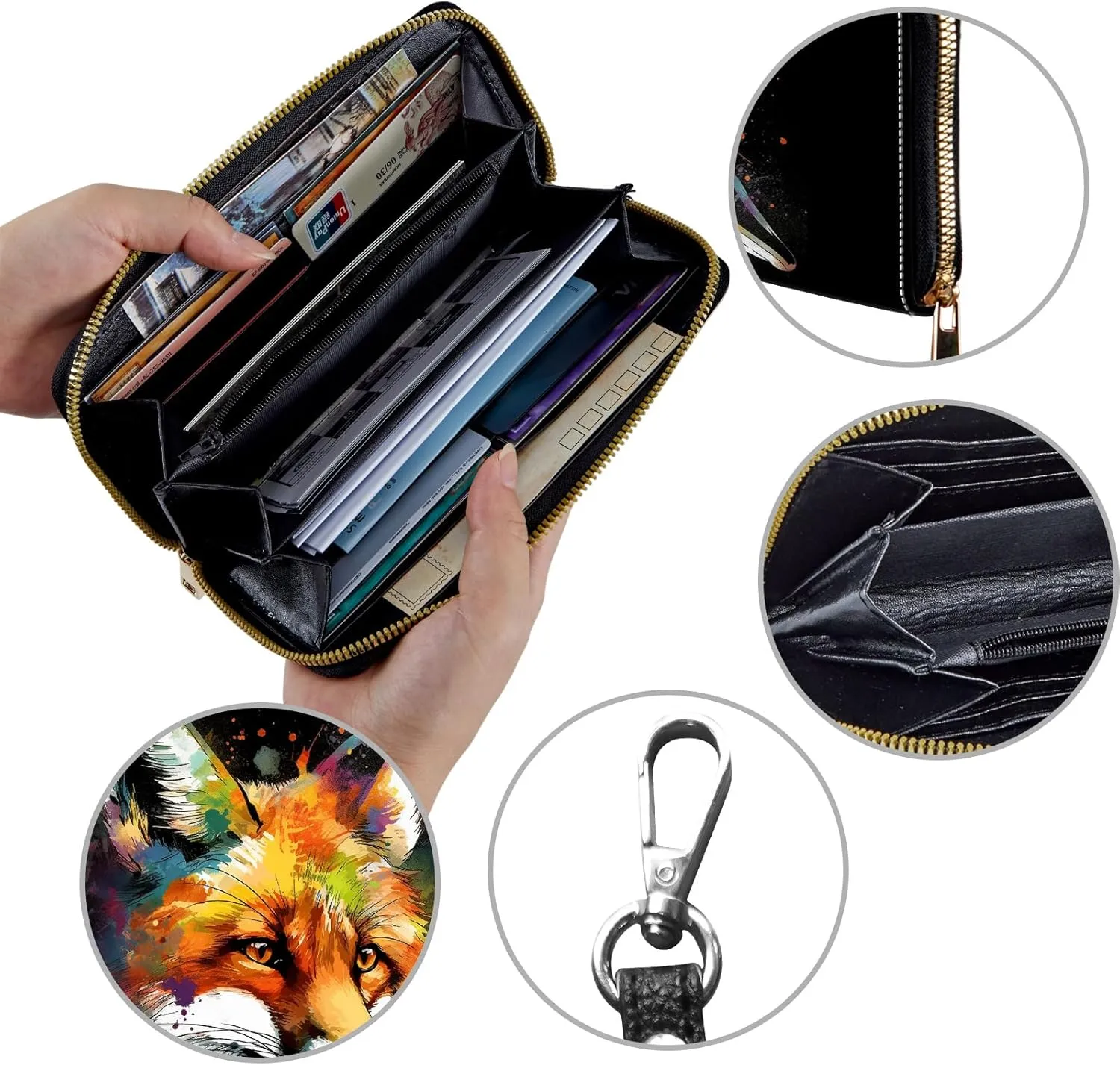 Women's Wallets,Credit Card Holder Money Leather Long Wallet with Wristlet,Large Capacity with Zip-Around Phone Purse for Women Ladies Girls,Colorful Fox
