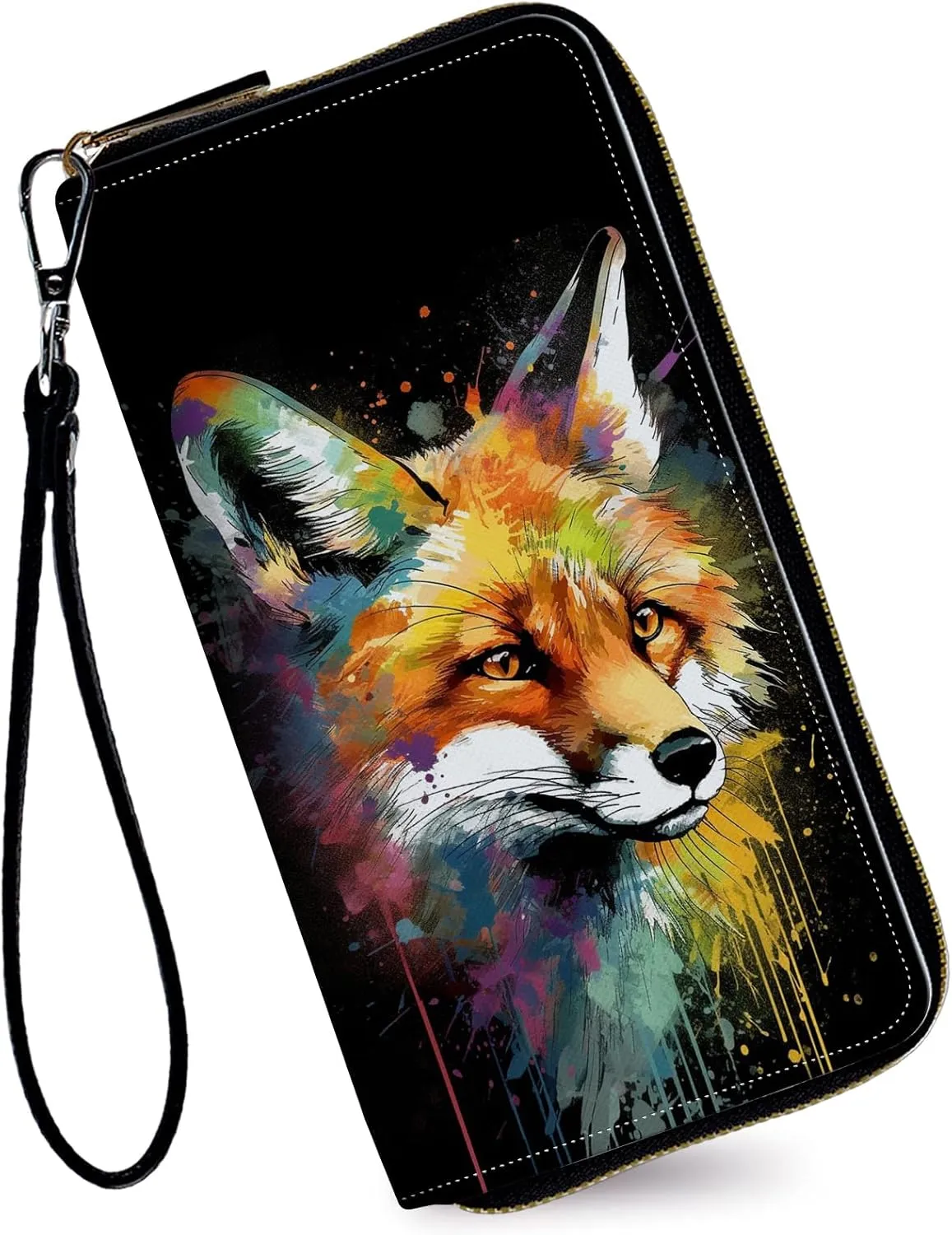 Women's Wallets,Credit Card Holder Money Leather Long Wallet with Wristlet,Large Capacity with Zip-Around Phone Purse for Women Ladies Girls,Colorful Fox