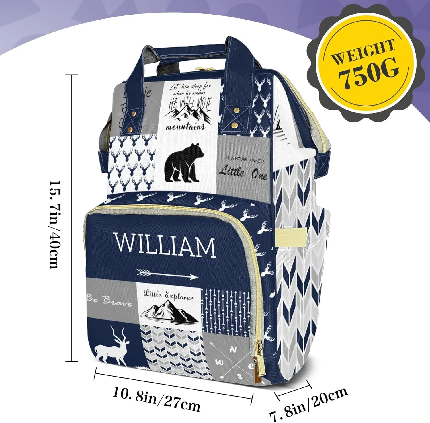 Woodland Deer Personalized Diaper Bag Backpack for Baby Boys Girls with Name Custom Nappy Nursing Bag for Moms Dads, Customized Gift, Large Capacity, Waterproof, Multifunctional