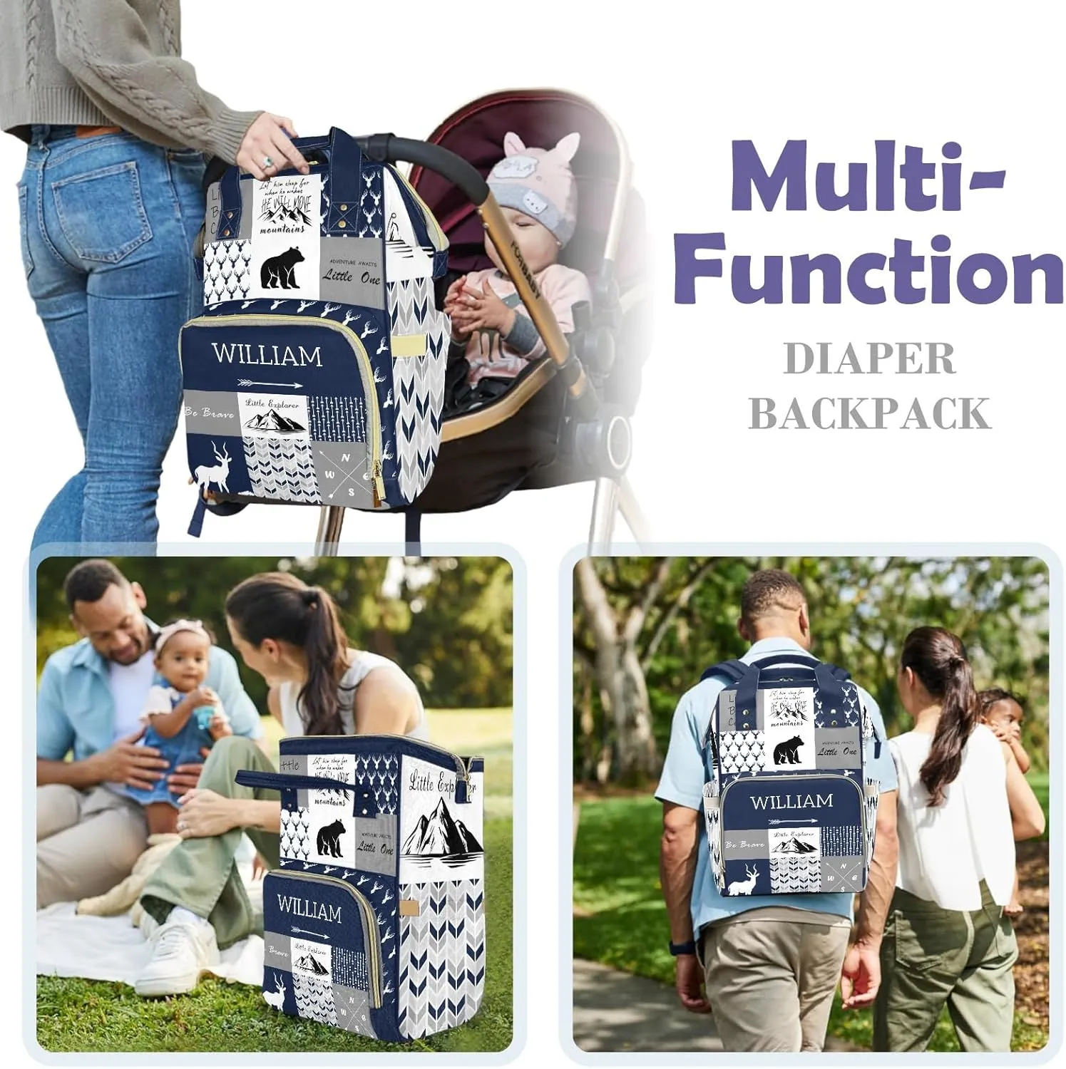 Woodland Deer Personalized Diaper Bag Backpack for Baby Boys Girls with Name Custom Nappy Nursing Bag for Moms Dads, Customized Gift, Large Capacity, Waterproof, Multifunctional