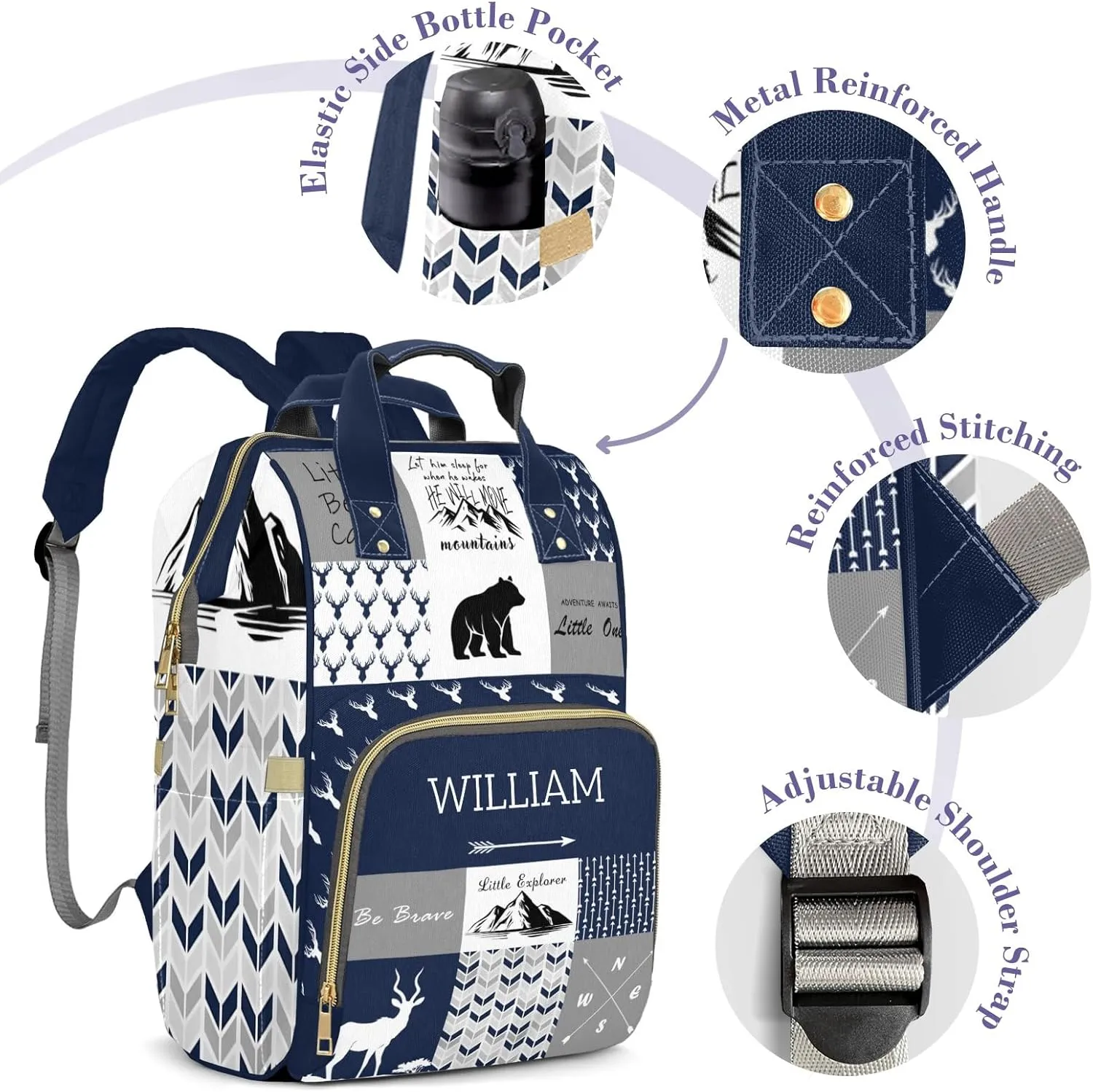 Woodland Deer Personalized Diaper Bag Backpack for Baby Boys Girls with Name Custom Nappy Nursing Bag for Moms Dads, Customized Gift, Large Capacity, Waterproof, Multifunctional