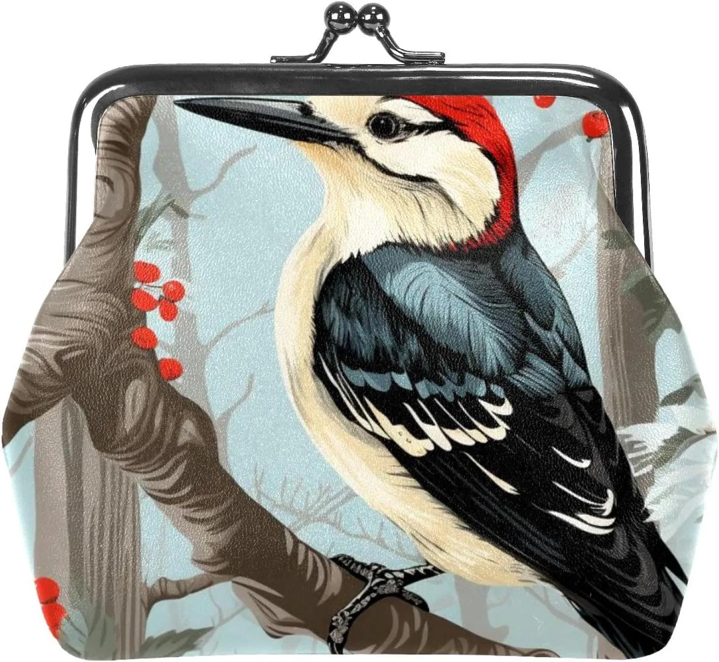 Woodpecker Coin Purse Vintage Pouch Kiss-lock Change Purse Wallets, 4.3x4.7 in/11x12 cm, qb-002-1