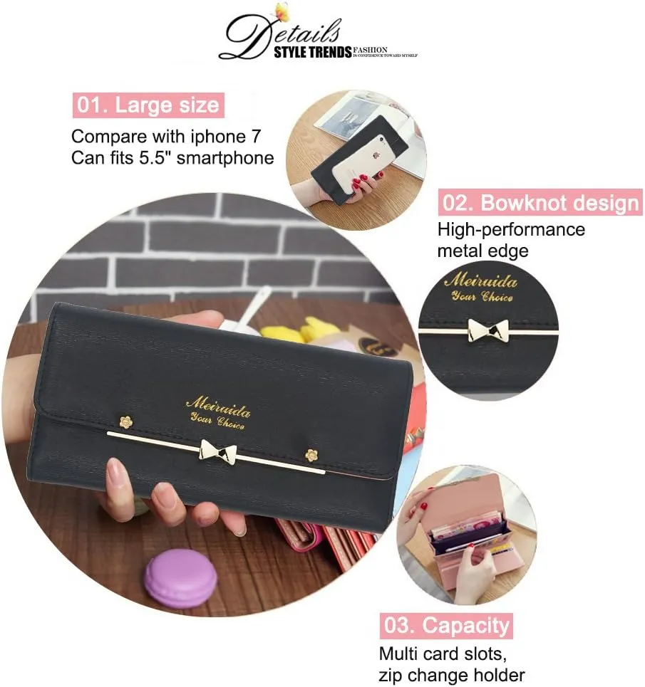 WOOLALA Women Cute Bowknot Wallet Trifold Large Capacity Long Purse