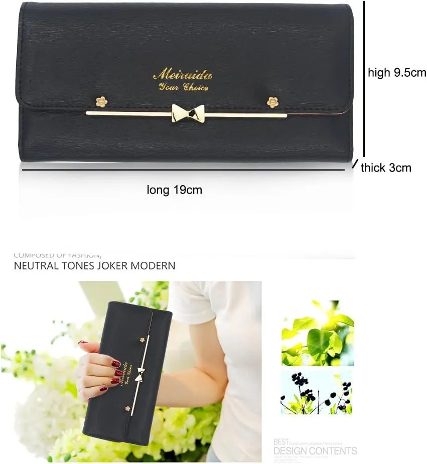WOOLALA Women Cute Bowknot Wallet Trifold Large Capacity Long Purse