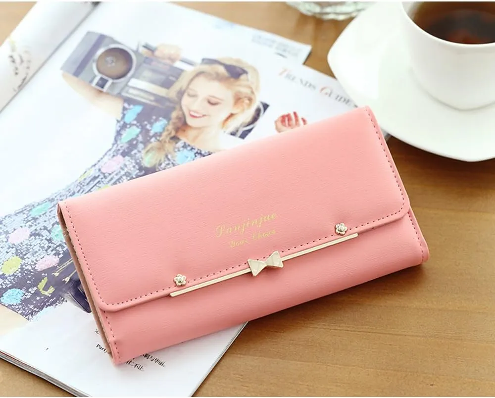 WOOLALA Women Cute Bowknot Wallet Trifold Large Capacity Long Purse