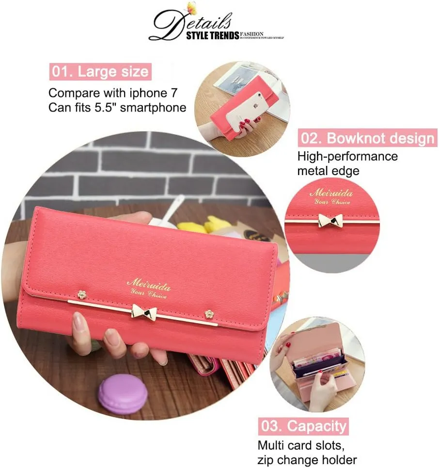 WOOLALA Women Cute Bowknot Wallet Trifold Large Capacity Long Purse